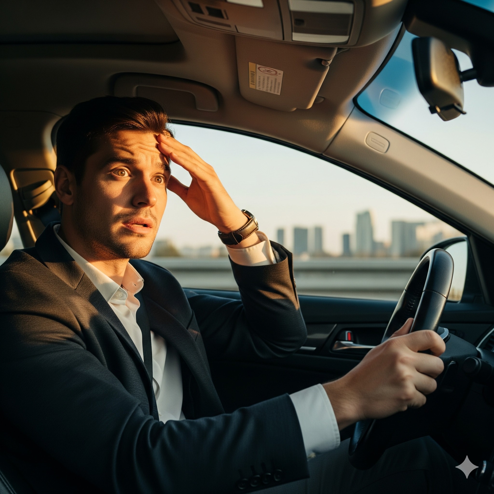 På vej hjem fra job i bilen.